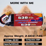 DXF 6S 22.8V 530mAh 90C LiPo Battery for FPV Micro Drones (PH2.0 / JST / XT30 / SM / XT60 / EC5 / XT90 Options)