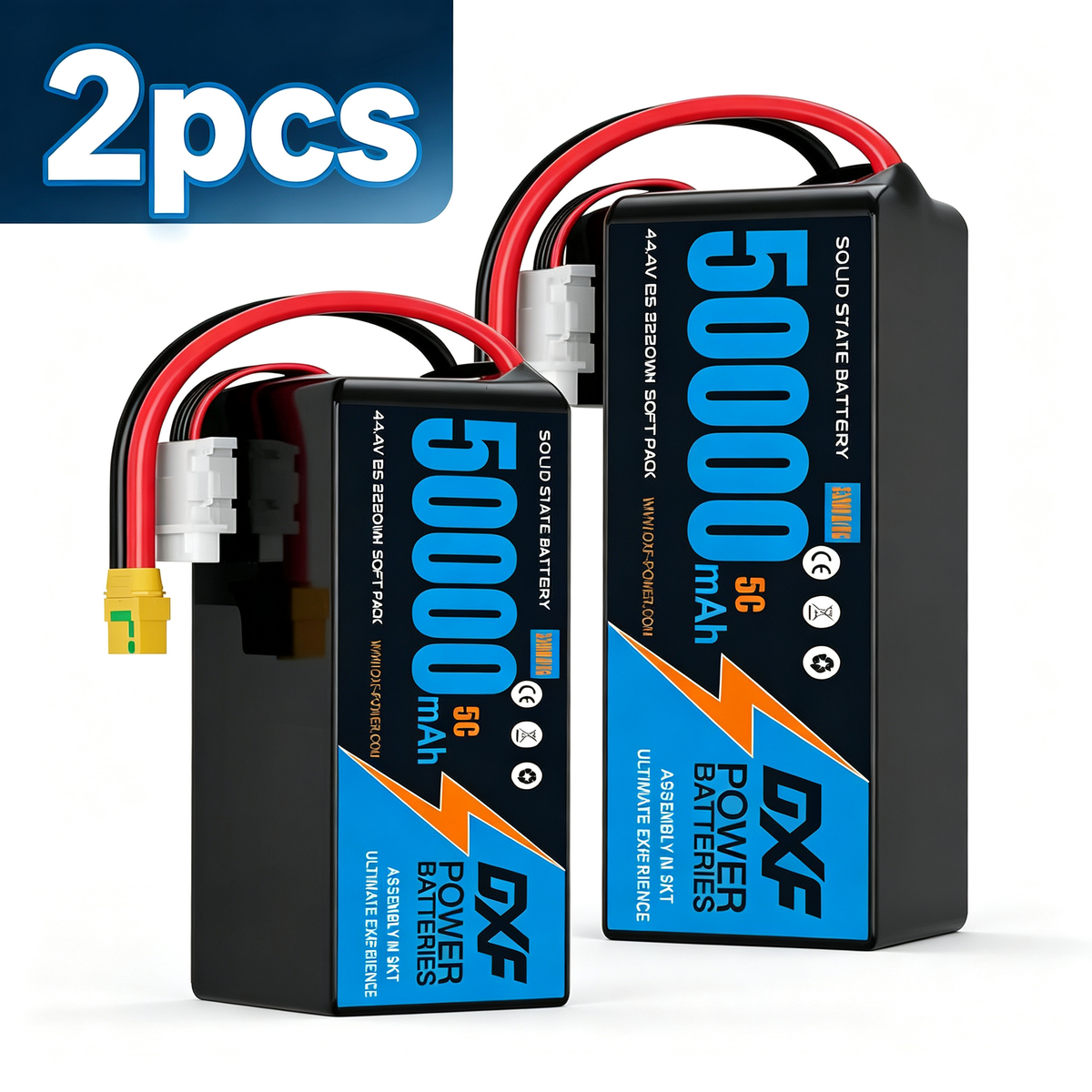 DXF SEMI-SOLID 12S 44.4V 50000mAh 5C Soft Case LiPo Battery with 8AWG Wire for Toy Cars, Boats, UAVs & Drones (1-6 Pack)