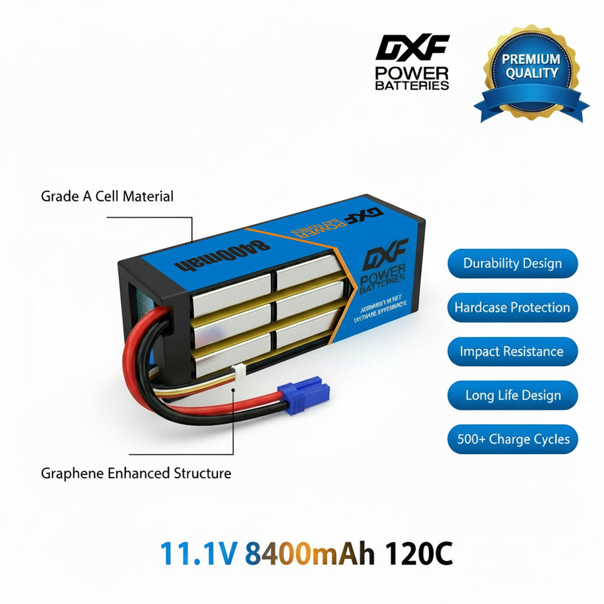 DXF 3S 11.1V 8400mAh 120C Hardcase LiPo Battery with 10AWG EC5 for 1/8 1/10 RC Cars, Trucks, Buggies (1-6 Pack Available)