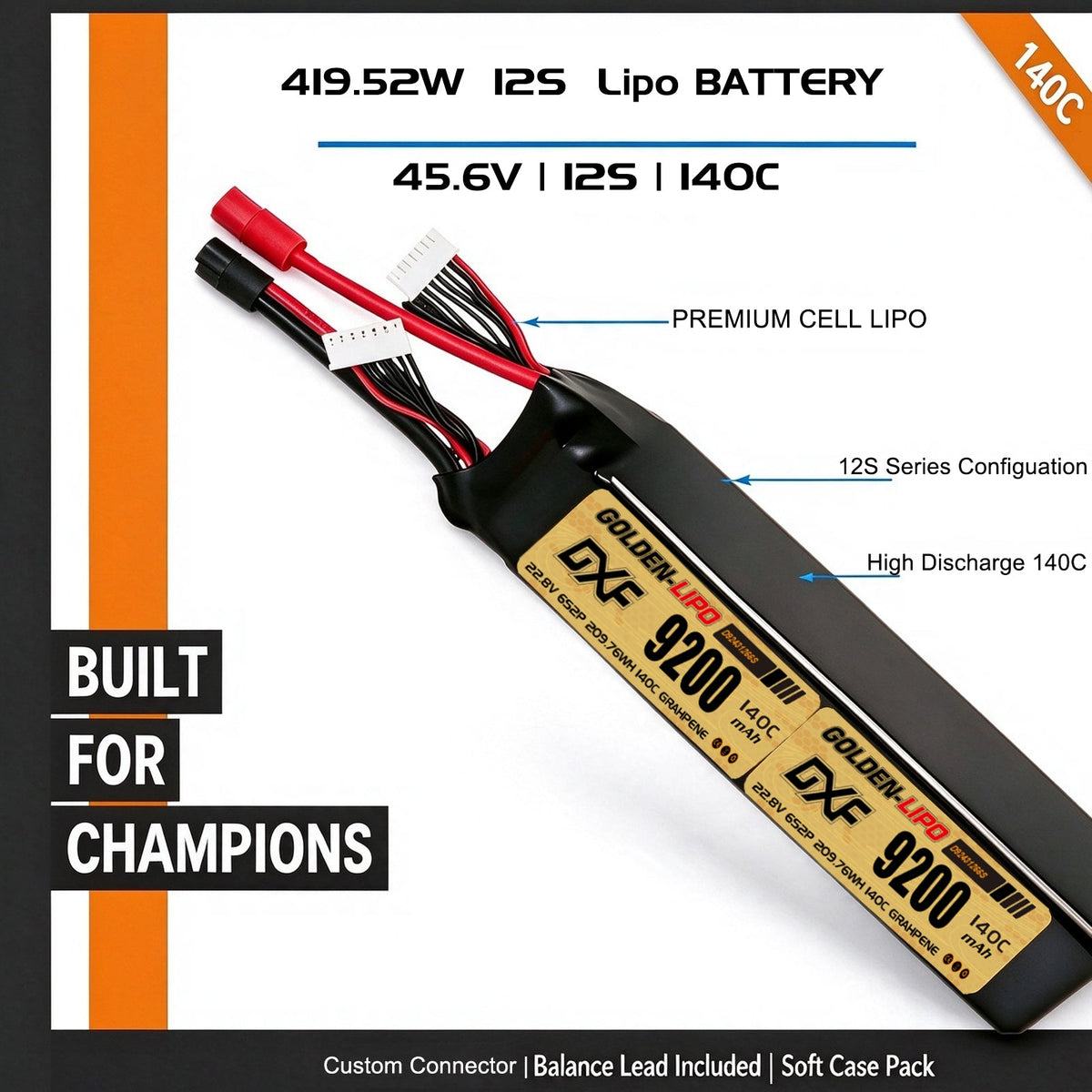 DXF Lipo Battery 12S HV 45.6V 9200mAh 140C GoldSeries Graphene Softcase with EC5 / T / TRX / XT60 / XT90 / XT150 / Q8s Plug for RC 1/8 1/10 Buggy Truck Car Off-Road Drone