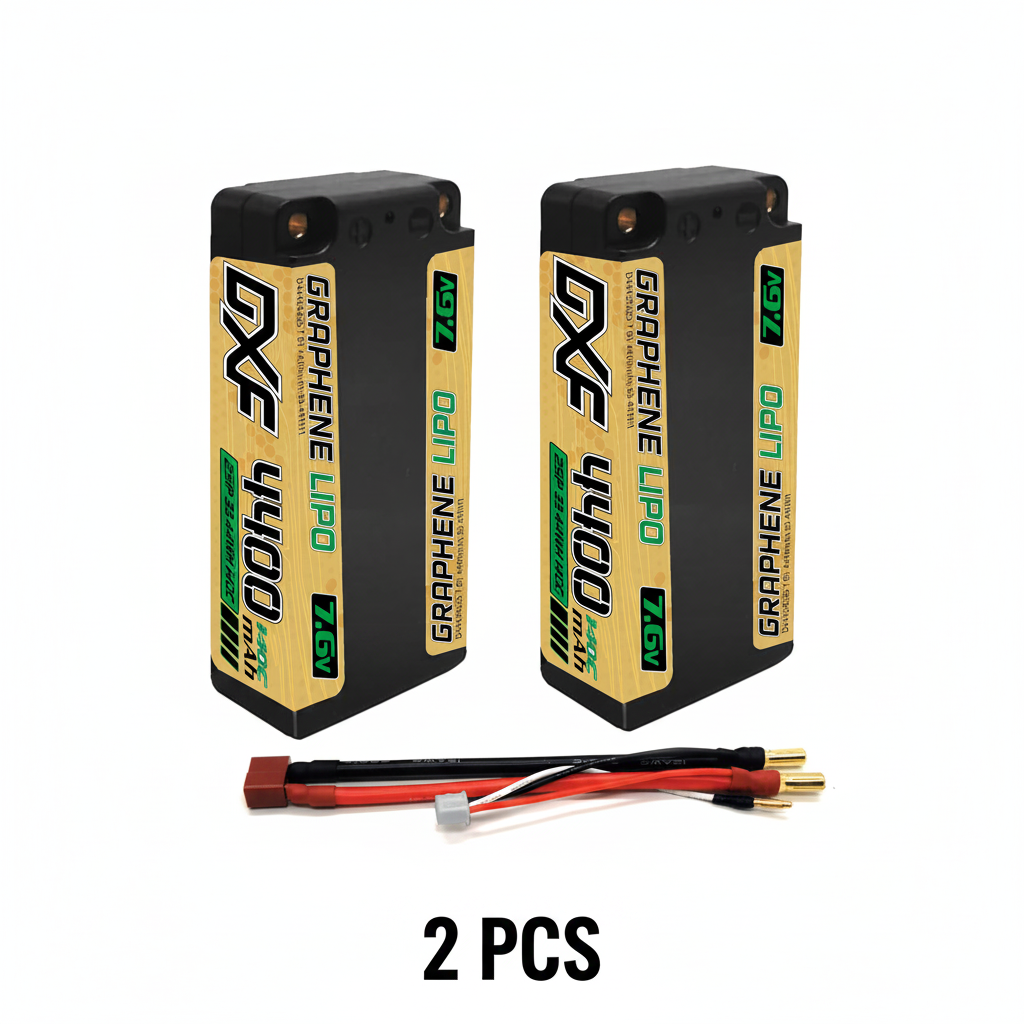 DXF 2S Shorty 7.6V 4400mAh 140C Graphene Hardcase LiPo Battery with 5mm Bullet to Deans Plug for 1/10 RC Buggies, Touring Cars & Trucks (1-6 Pack Available)