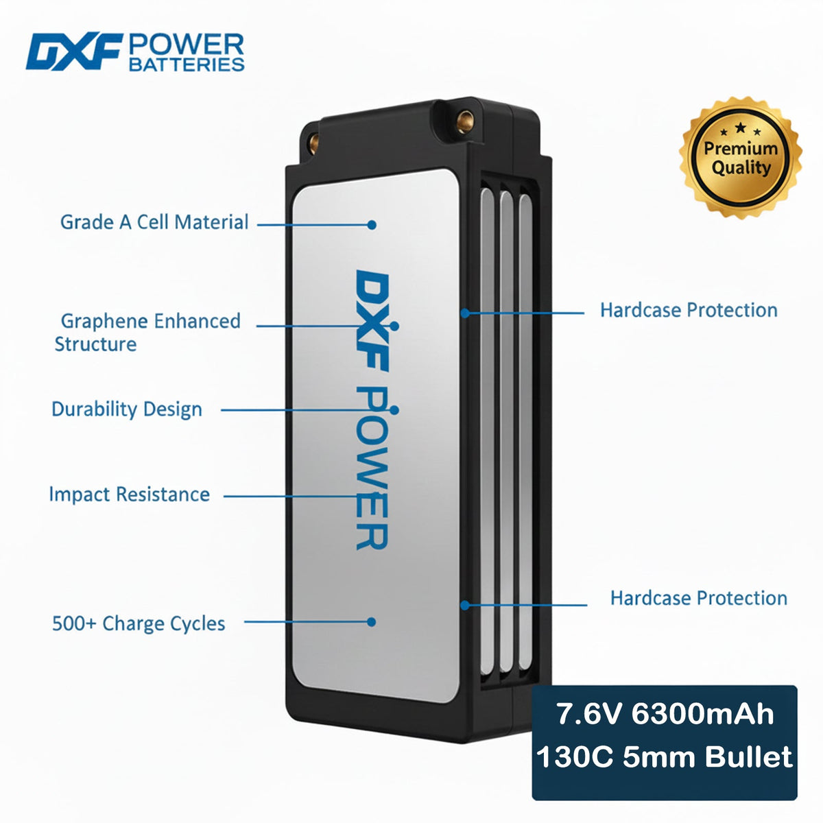 DXF LiPo Battery 2S2P HV 7.6V 6300mAh 130C Graphene Gray with 5mm Bullet / EC5 / T / TRX / XT60 / XT90 / XT150 / Q8s Plug for RC 1/10 1/8 Scale Car Racing