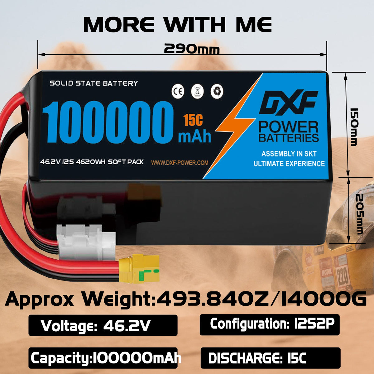 DXF SEMI-SOLID 12S 46.2V 100000mAh 15C Soft Case LiPo Battery with 8AWG Wire for Toy Cars, Boats, UAVs & Drones (1-6 Pack)