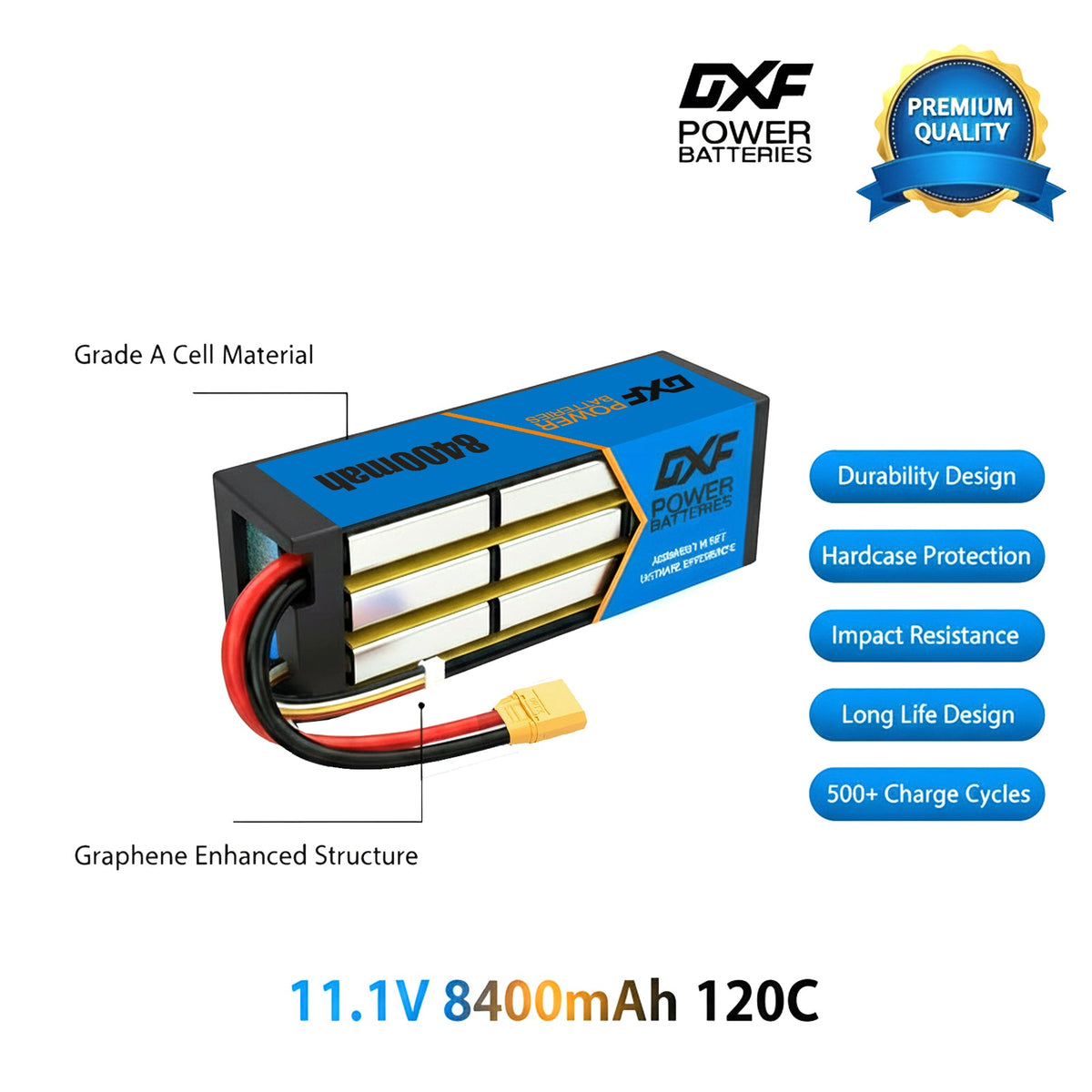 DXF BLUE Series 3S 11.1V 8400mAh 120C Graphene Hardcase LiPo Battery with 10AWG XT90 Plug for RC Car Truck (1-6 Pack)