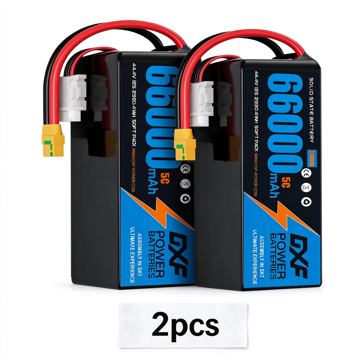 DXF SEMI-SOLID 12S 44.4V 66000mAh 5C Soft Case LiPo Battery with 8AWG Wire for Toy Cars, Boats, UAVs & Drones (1-6 Pack)