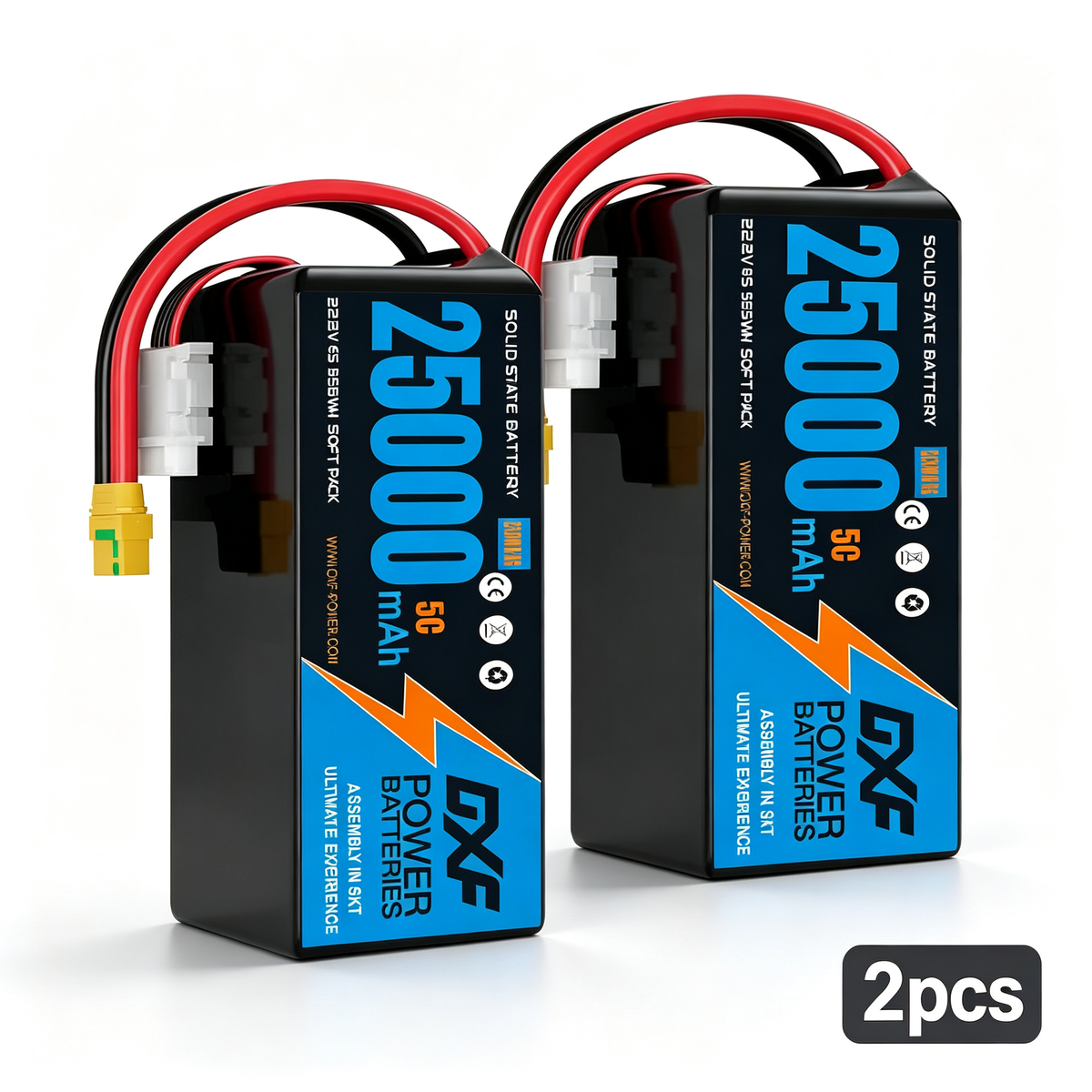 DXF 6S 22.2V 25000mAh 5C Soft Case LiPo Battery with 8AWG Wire for Toy Cars, Boats, UAVs & Drones (1-6 Pack)