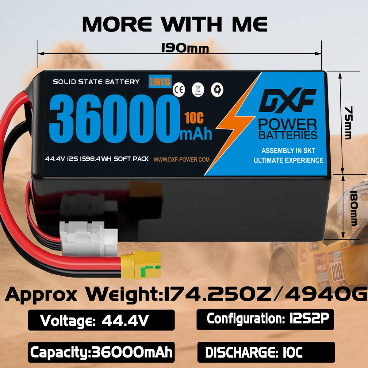 DXF SEMI-SOLID 12S 44.4V 36000mAh 10C Soft Case LiPo Battery with 8AWG Wire for Toy Cars, Boats, UAVs & Drones (1-6 Pack)