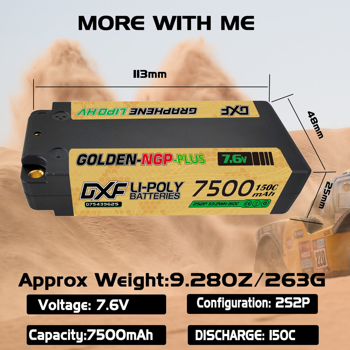 DXF LiPo Battery 2S2P HV 7.6V 7500mAh 150C Graphene NGP Plus Gold Version with 5mm Bullet / EC5 / T / TRX / XT60 / XT90 / XT150 / Q8s Plug for RC 1/10 1/8 1/5 Scale Car Racing