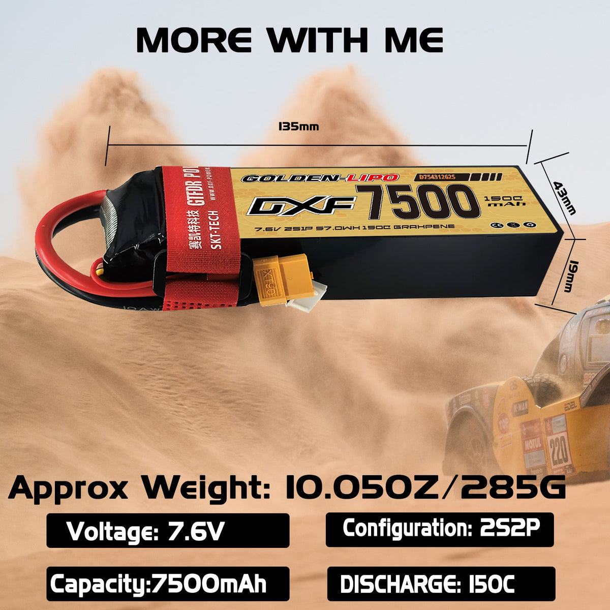 DXF Lipo Battery 2S HV 7.6V 7500mAh 150C GoldSeries Graphene Softcase with EC5 / T / TRX / XT60 / XT90 / XT150 / Q8s Plug for RC 1/8 1/10 Buggy Truck Car Off-Road Drone