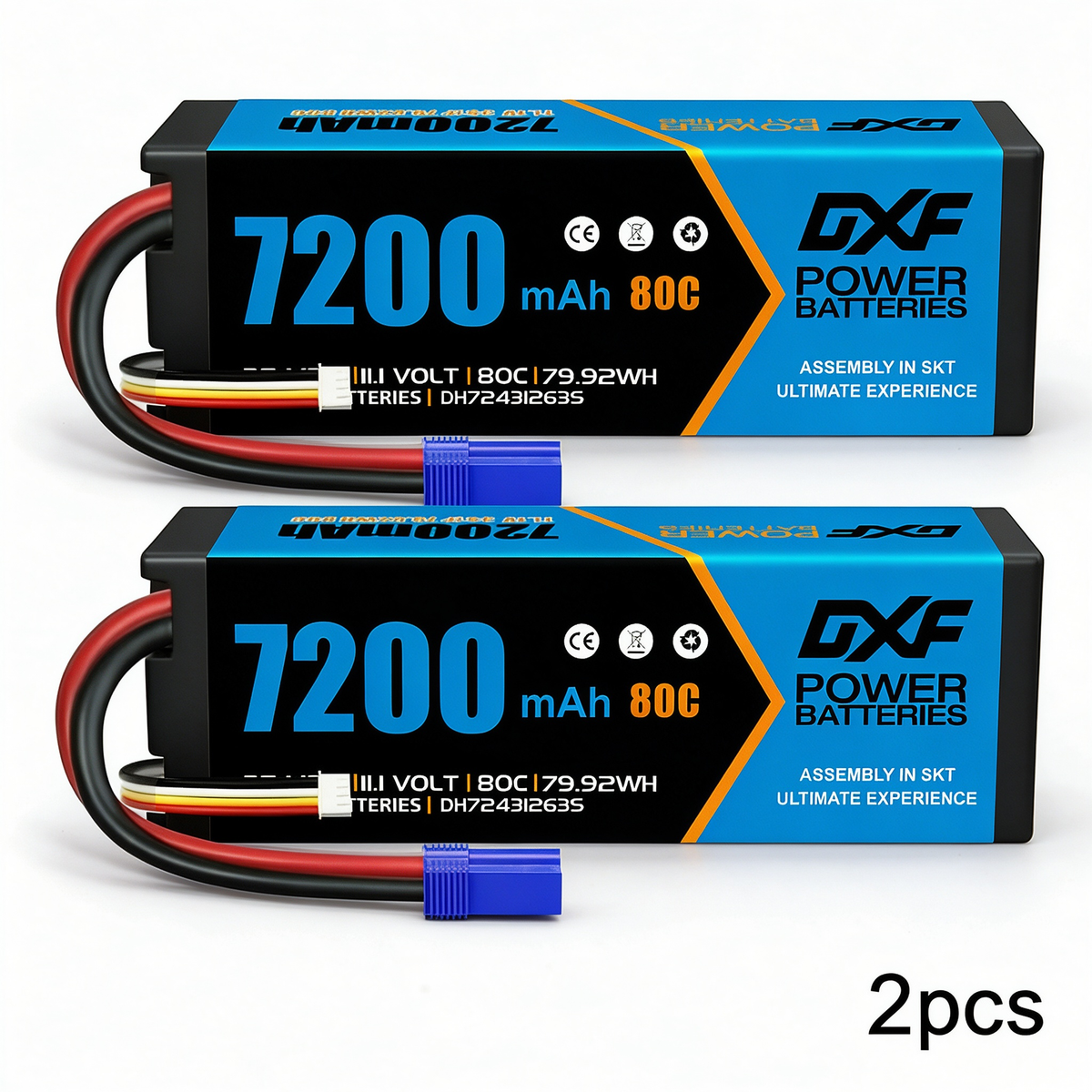 DXF BLUE Series 3S 11.1V 7200mAh 80C Hardcase LiPo Battery with EC5 Plug for 1/8 1/10 RC Car Truck (1-6 Pack)