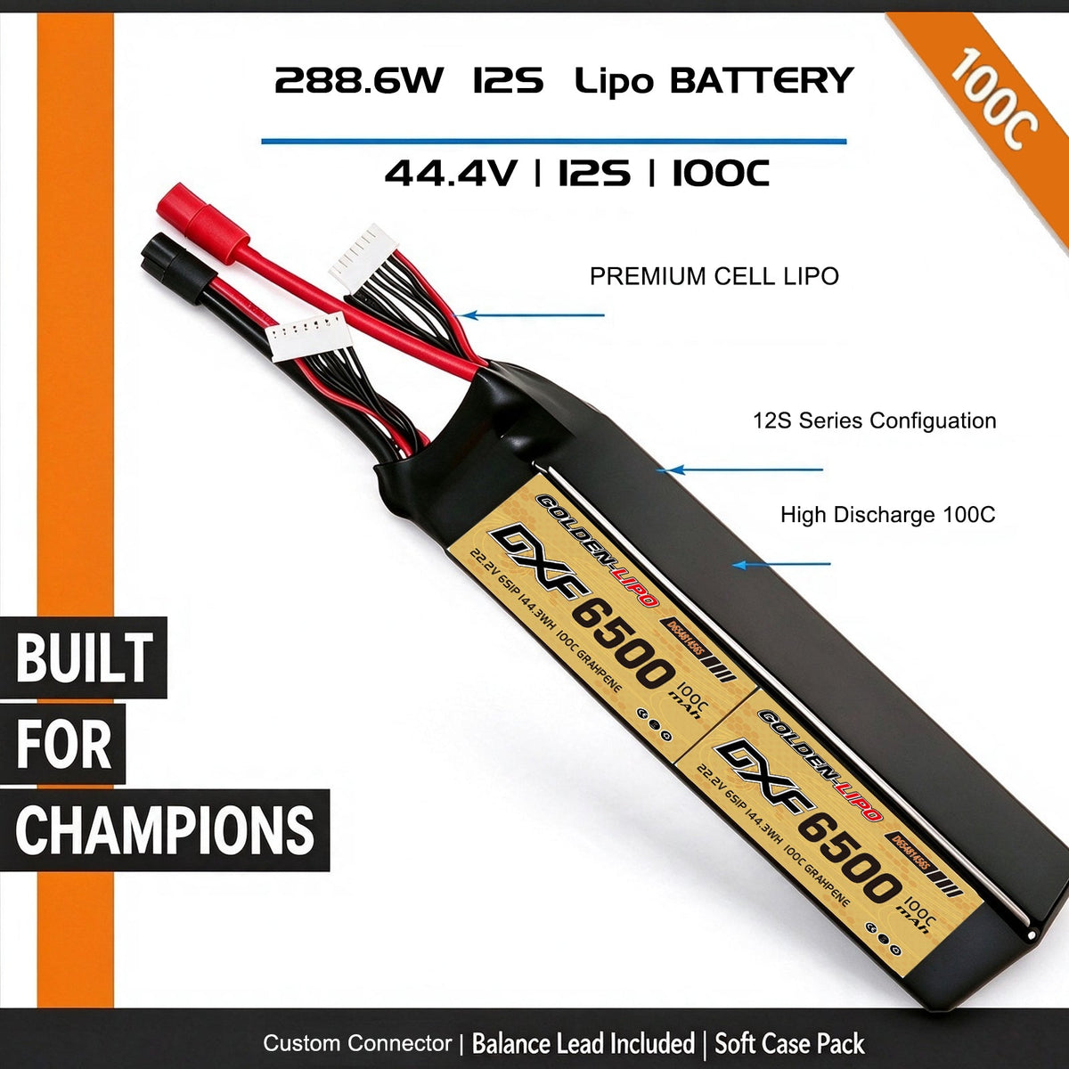 DXF Lipo Battery 12S 44.4V 6500mAh 100C GoldSeries Graphene Softcase with EC5 / T / TRX / XT60 / XT90 / XT150 / Q8s Plug for RC 1/8 1/10 Buggy Truck Car Off-Road Drone