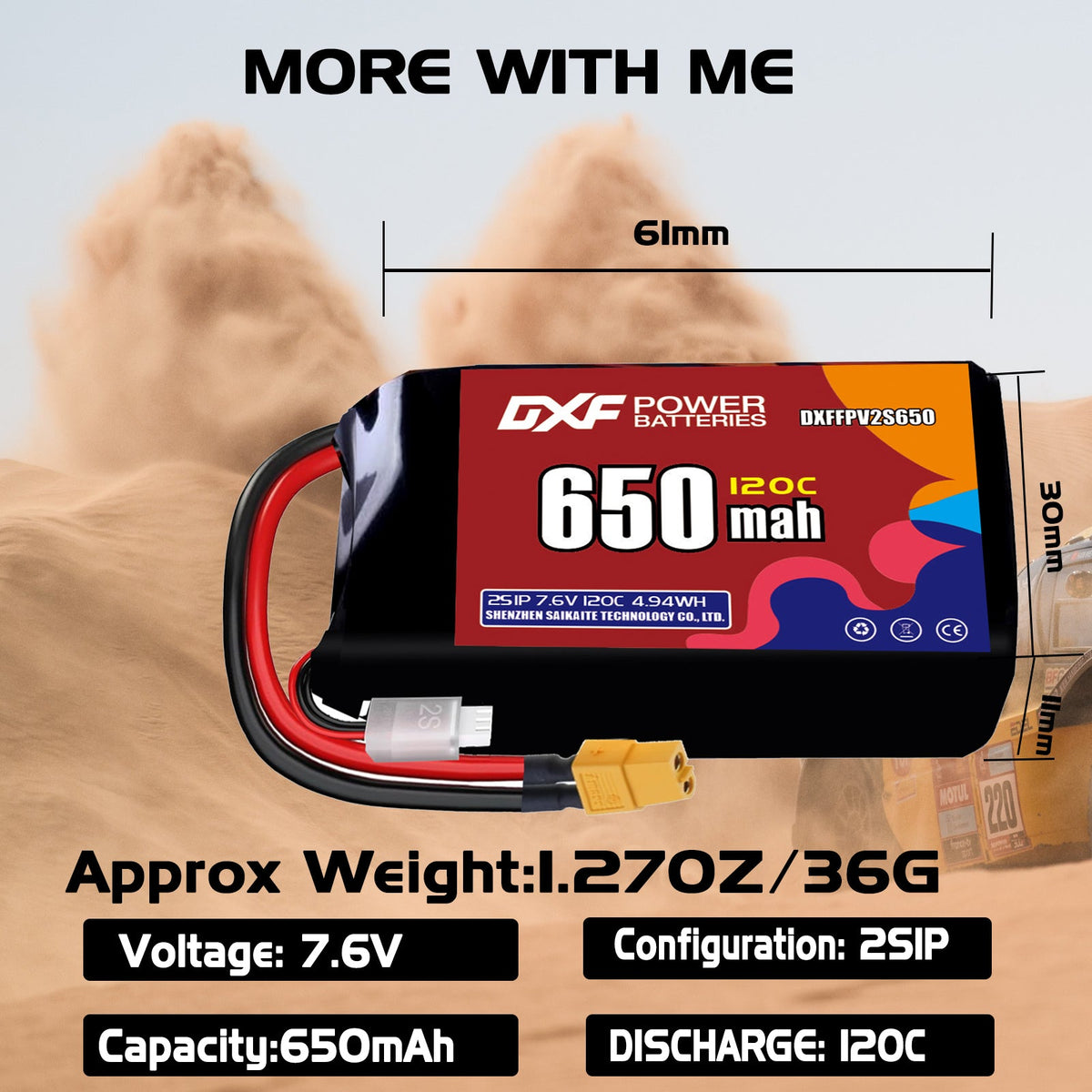 DXF 2S 7.6V 650mAh 150C LiPo Battery for FPV Micro Drones (PH2.0 / JST / XT30 / SM / XT60 / EC5 / XT90 Options)