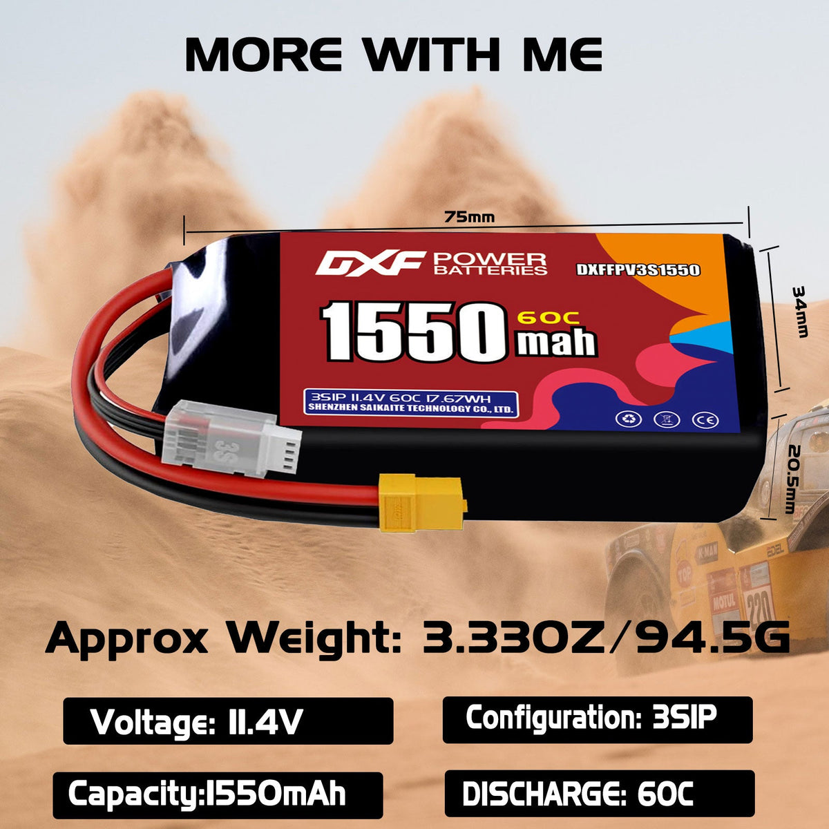 DXF LiPo Battery 3S HV 11.4V 1550mAh 60C with PH2.0 / JST / XT30 / SM / XT60 / EC5 / XT90 for FPV Drone Whoop Micro Racing