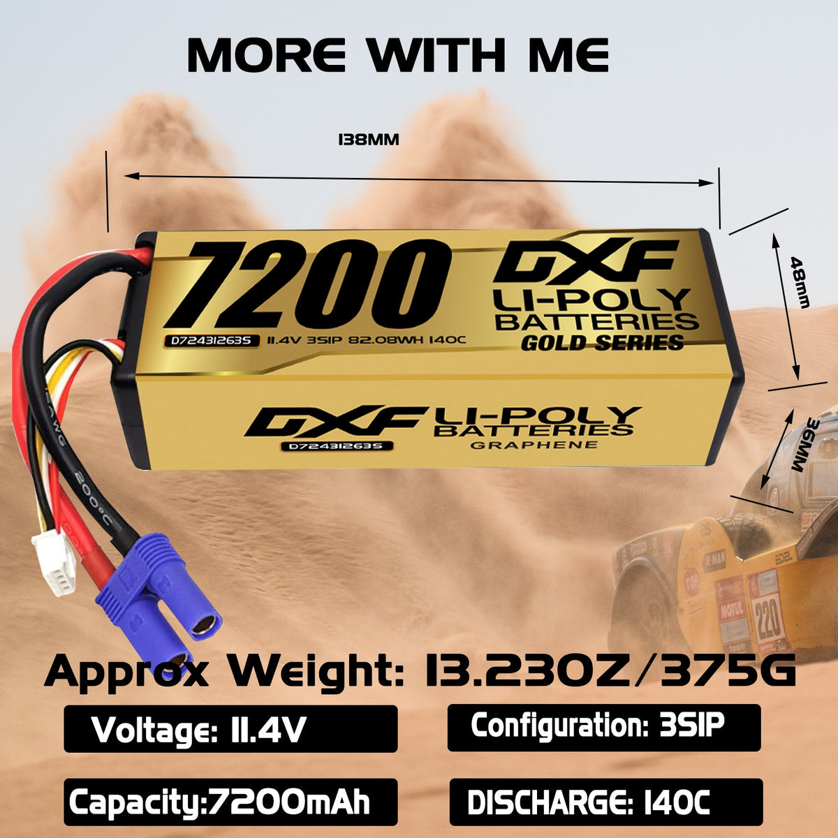 DXF LiPo Battery 3S HV 11.4V 7200mAh 140C Graphene Hardcase Gold with EC5 / T / TRX / XT60 / XT90 / XT150 / Q8s Plug for RC 1/8 1/10 Buggy Truck Car Off-Road Drone