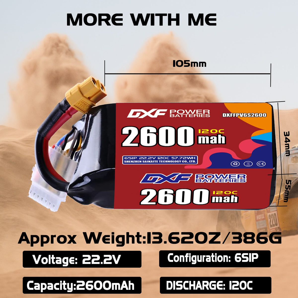 DXF 6S 22.2V 2600mAh 120C LiPo Battery for FPV Micro Drones (PH2.0 / JST / XT30 / SM / XT60 / EC5 / XT90 Options)