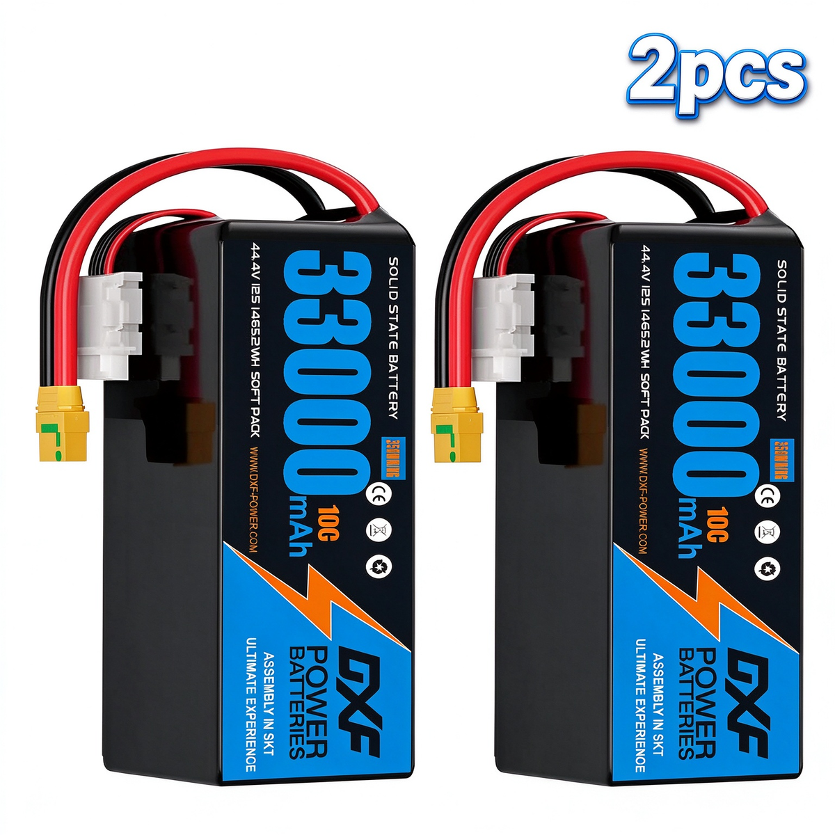 DXF SEMI-SOLID 12S 44.4V 33000mAh 10C Soft Case LiPo Battery with 8AWG Wire for Toy Cars, Boats, UAVs & Drones (1-6 Pack)