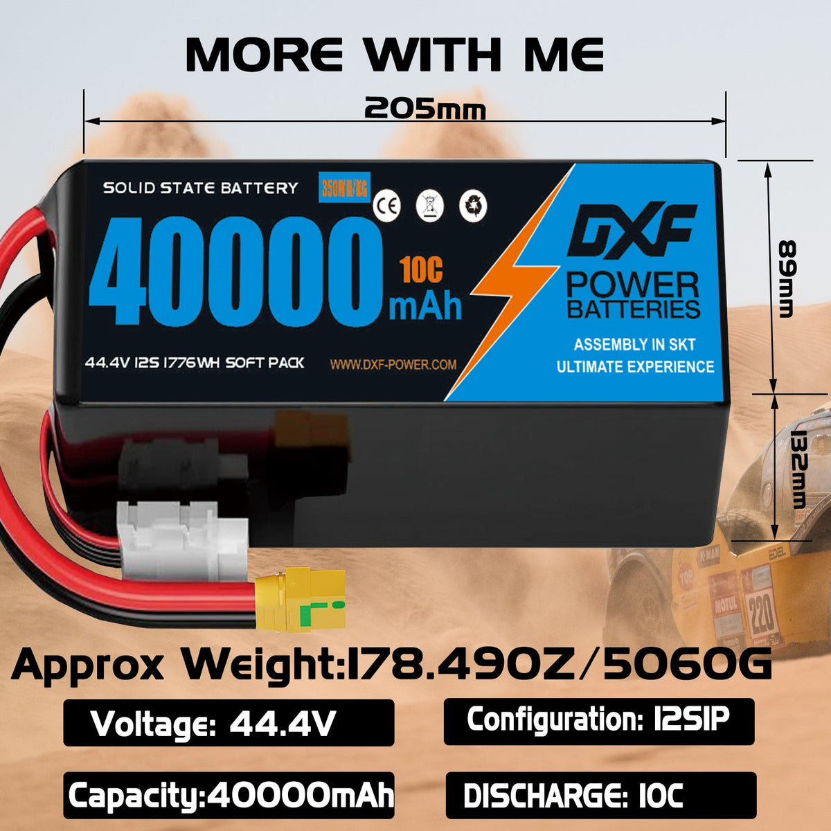 DXF SEMI-SOLID 12S 44.4V 40000mAh 10C Soft Case LiPo Battery with 8AWG Wire for Toy Cars, Boats, UAVs & Drones (1-6 Pack)