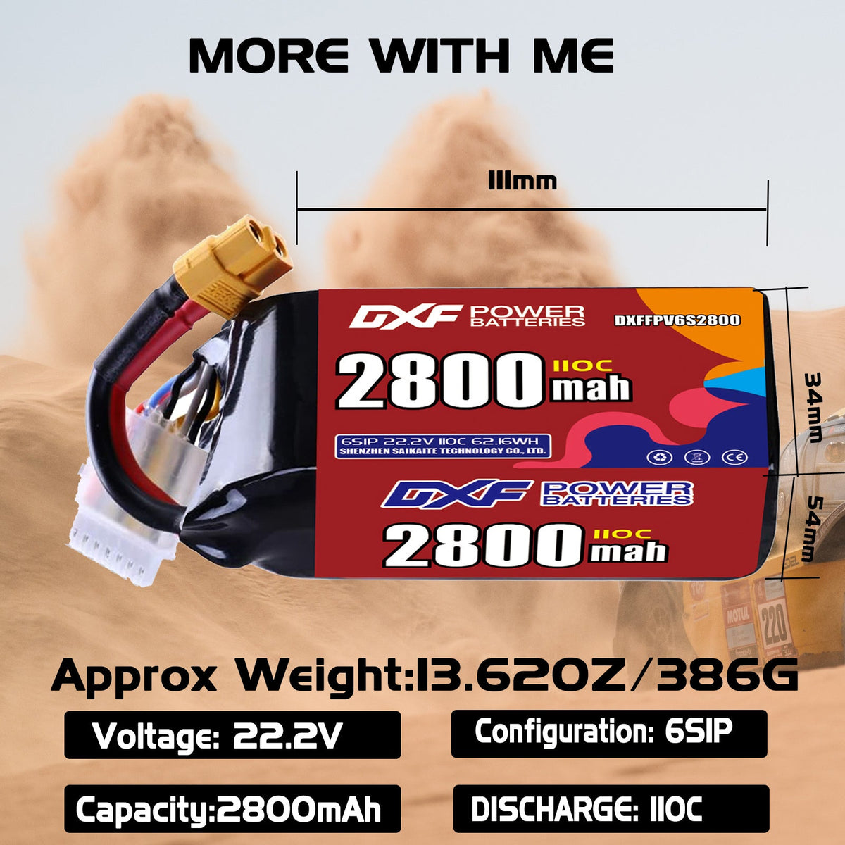 DXF LiPo Battery 6S 22.2V 2800mAh 110C with PH2.0 / JST / XT30 / SM / XT60 / EC5 / XT90 for FPV Drone Whoop Micro Racing
