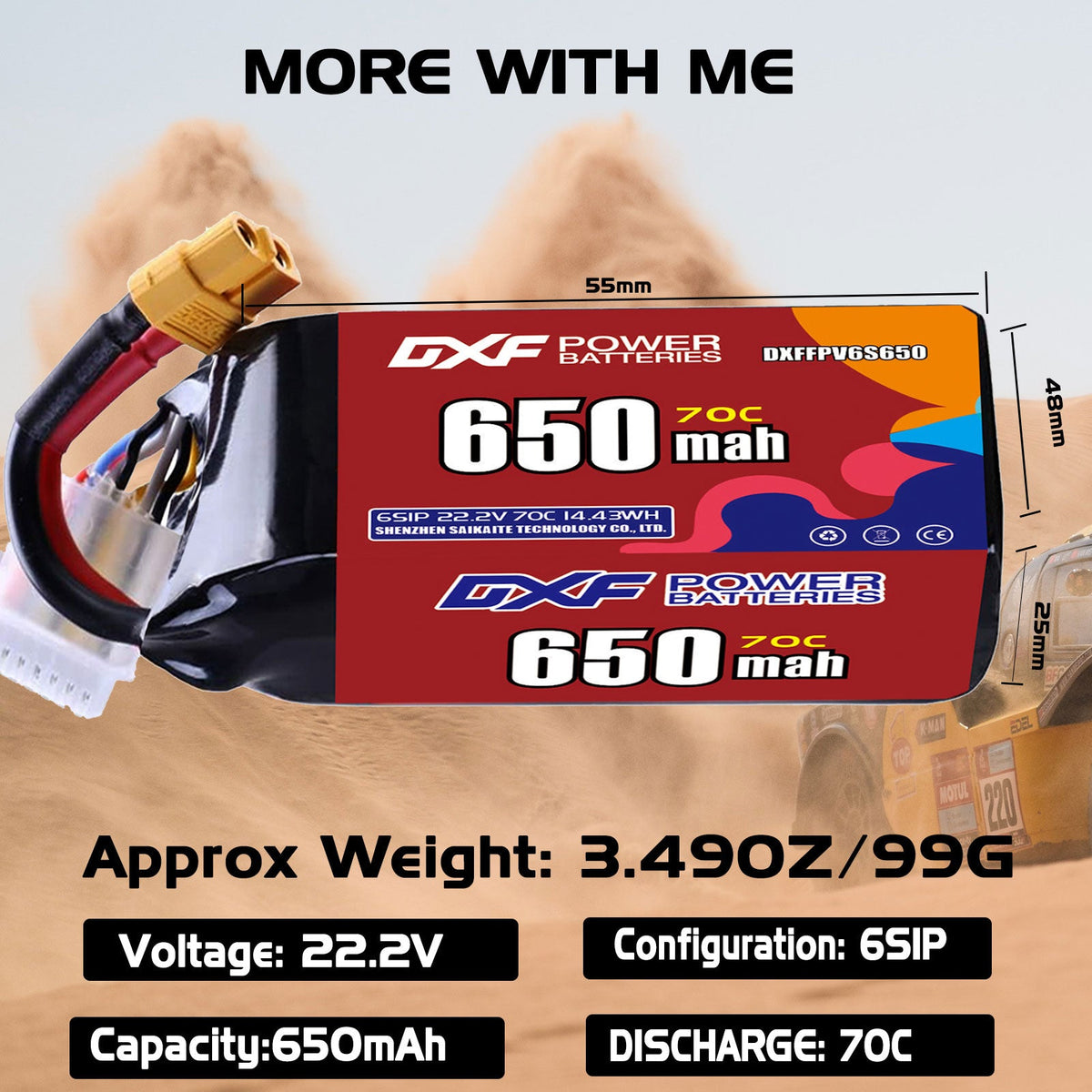 DXF LiPo Battery 6S 22.2V 650mAh 70C with PH2.0 / JST / XT30 / SM / XT60 / EC5 / XT90 for FPV Drone Whoop Micro Racing