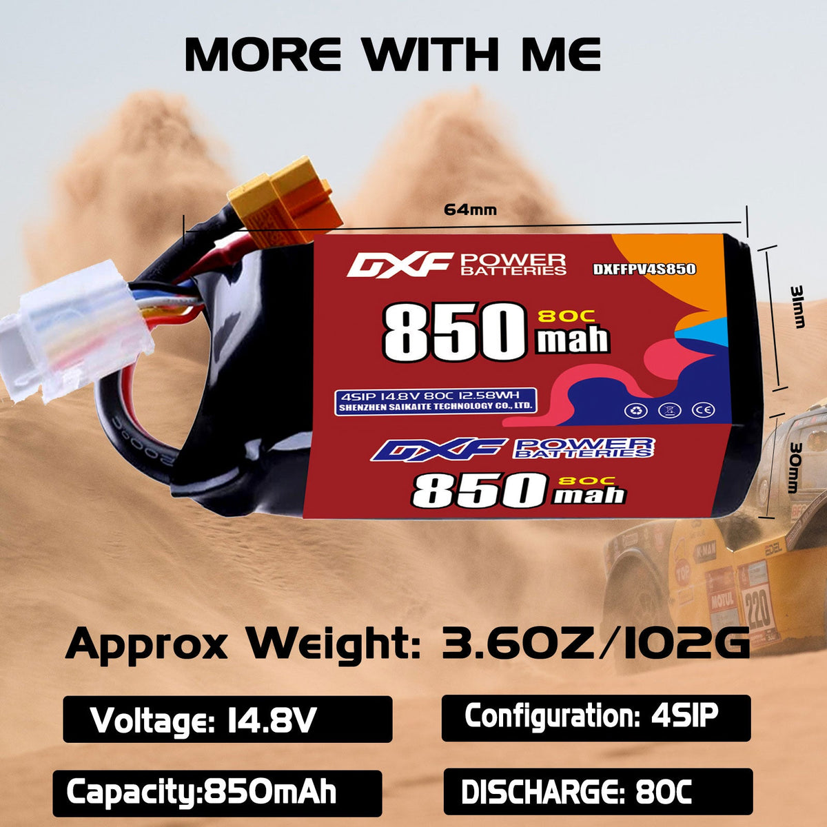 DXF 4S 14.8V 850mAh 80C LiPo Battery for FPV Micro Drones (PH2.0 / JST / XT30 / SM / XT60 / EC5 / XT90 Options)