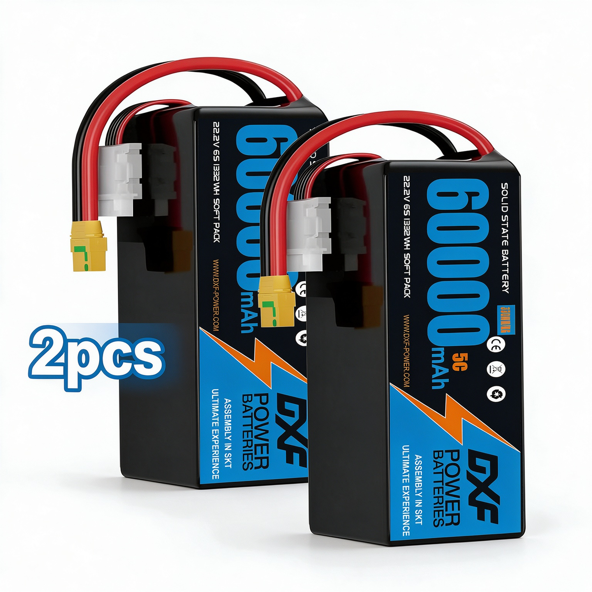 DXF 6S 22.2V 60000mAh 5C Soft Case LiPo Battery with 8AWG Wire for Toy Cars, Boats, UAVs & Drones (1-6 Pack)