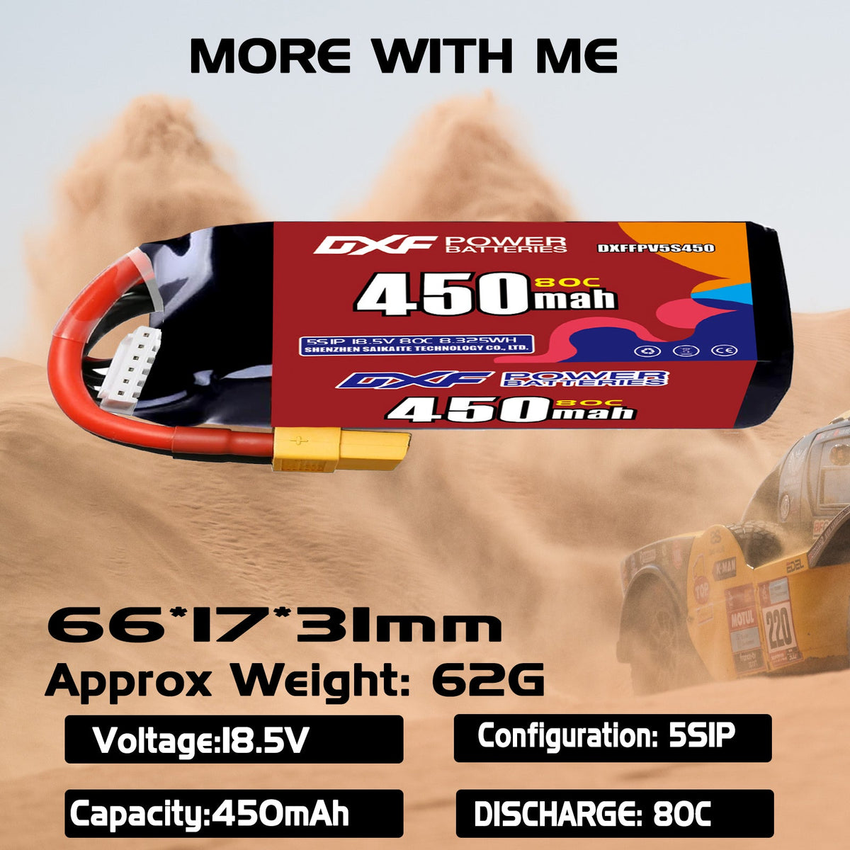 DXF LiPo Battery 5S 18.5V 450mAh 80C with PH2.0 / JST / XT30 / SM / XT60 / EC5 / XT90 for FPV Drone Whoop Micro Racing