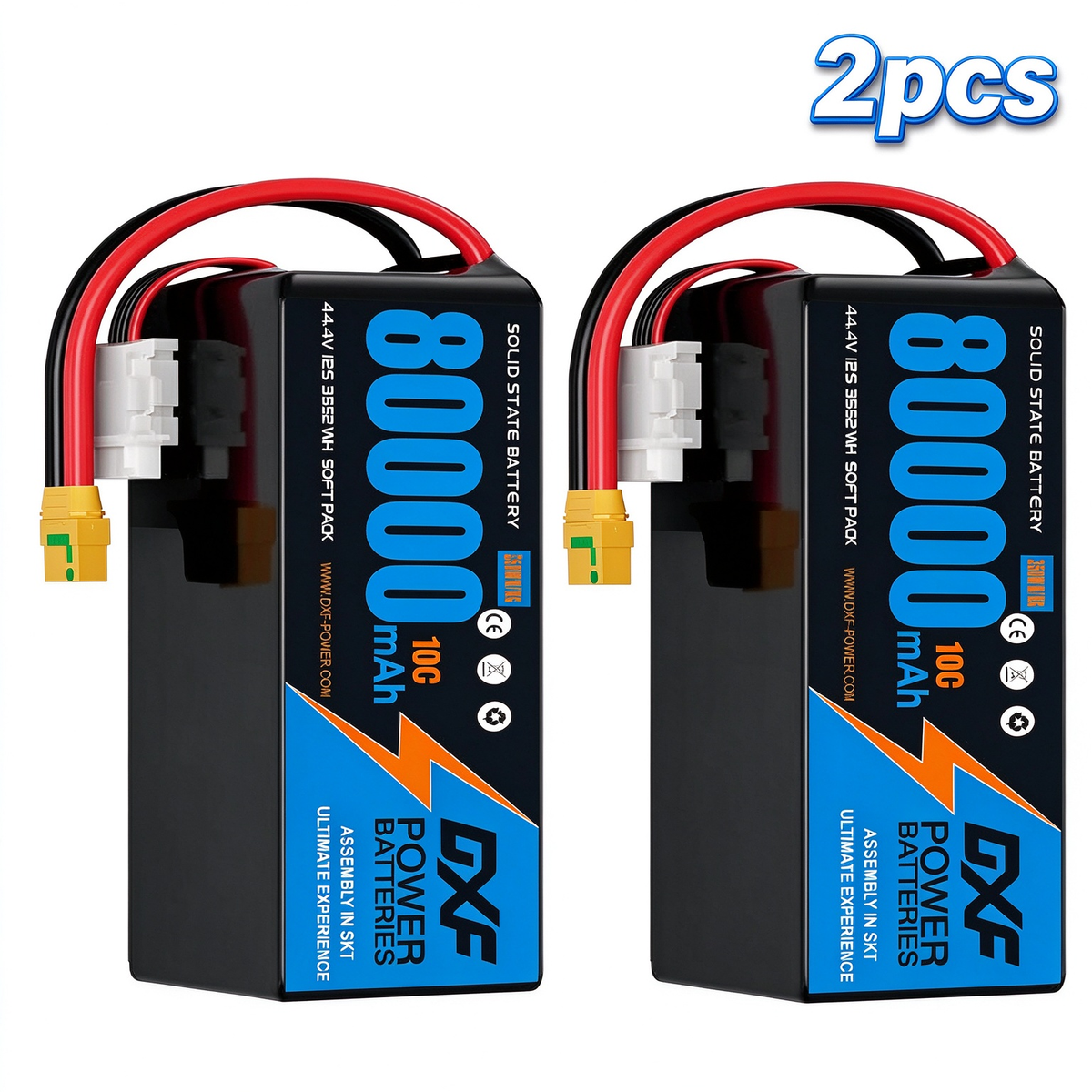 DXF SEMI-SOLID 12S 44.4V 80000mAh 10C Soft Case LiPo Battery with 8AWG Wire for Toy Cars, Boats, UAVs & Drones (1-6 Pack)