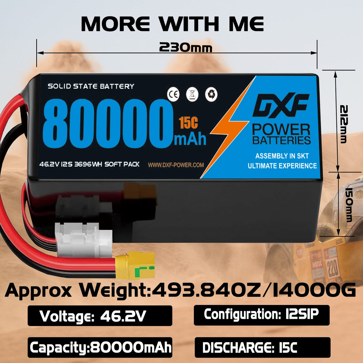 DXF SEMI-SOLID 12S 46.2V 80000mAh 15C Soft Case LiPo Battery with 8AWG Wire for Toy Cars, Boats, UAVs & Drones (1-6 Pack)