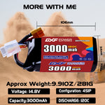 DXF 4S 14.8V 3000mAh 120C LiPo Battery for FPV Micro Drones (PH2.0 / JST / XT30 / SM / XT60 / EC5 / XT90 Options)