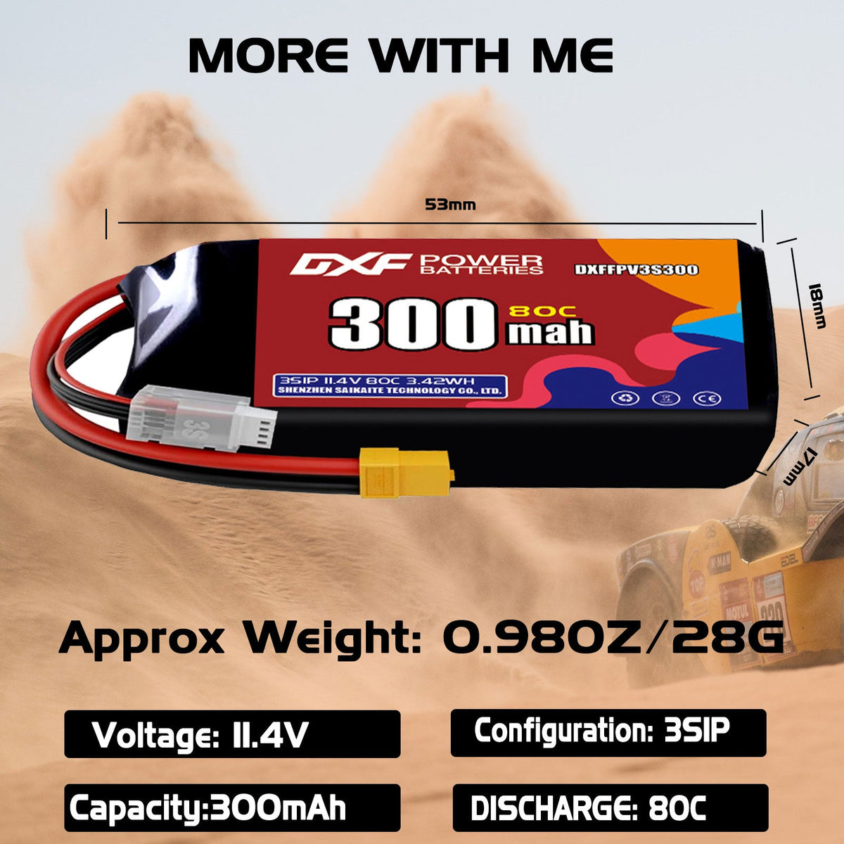 DXF LiPo Battery 3S HV 11.4V 300mAh 80C with PH2.0 / JST / XT30 / SM / XT60 / EC5 / XT90 for FPV Drone Whoop Micro Racing