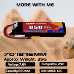 DXF LiPo Battery 2S HV 7.6V 850mAh 60C with PH2.0 / JST / XT30 / SM / XT60 / EC5 / XT90 for FPV Drone Whoop Micro Racing