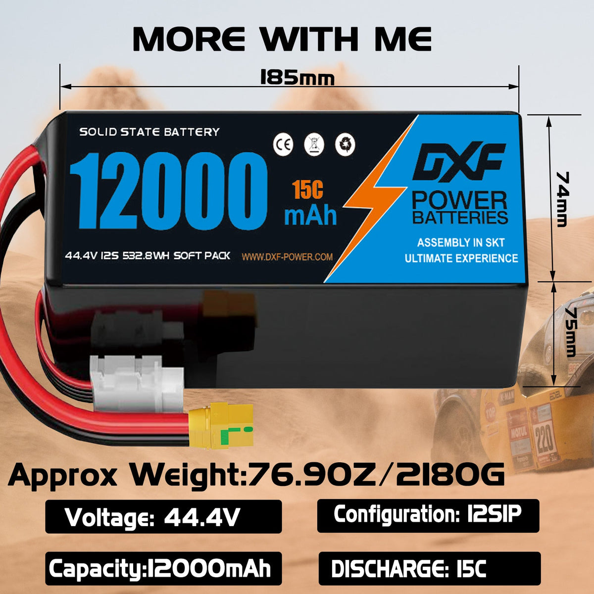 DXF SEMI-SOLID 12S 44.4V 12000mAh 15C Soft Case LiPo Battery with 8AWG Wire for Toy Cars, Boats, UAVs & Drones (1-6 Pack)