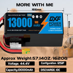 DXF SEMI-SOLID 12S 44.4V 13000mAh 10C Soft Case LiPo Battery with 8AWG Wire for UAVs & Drones (1-6 Pack)
