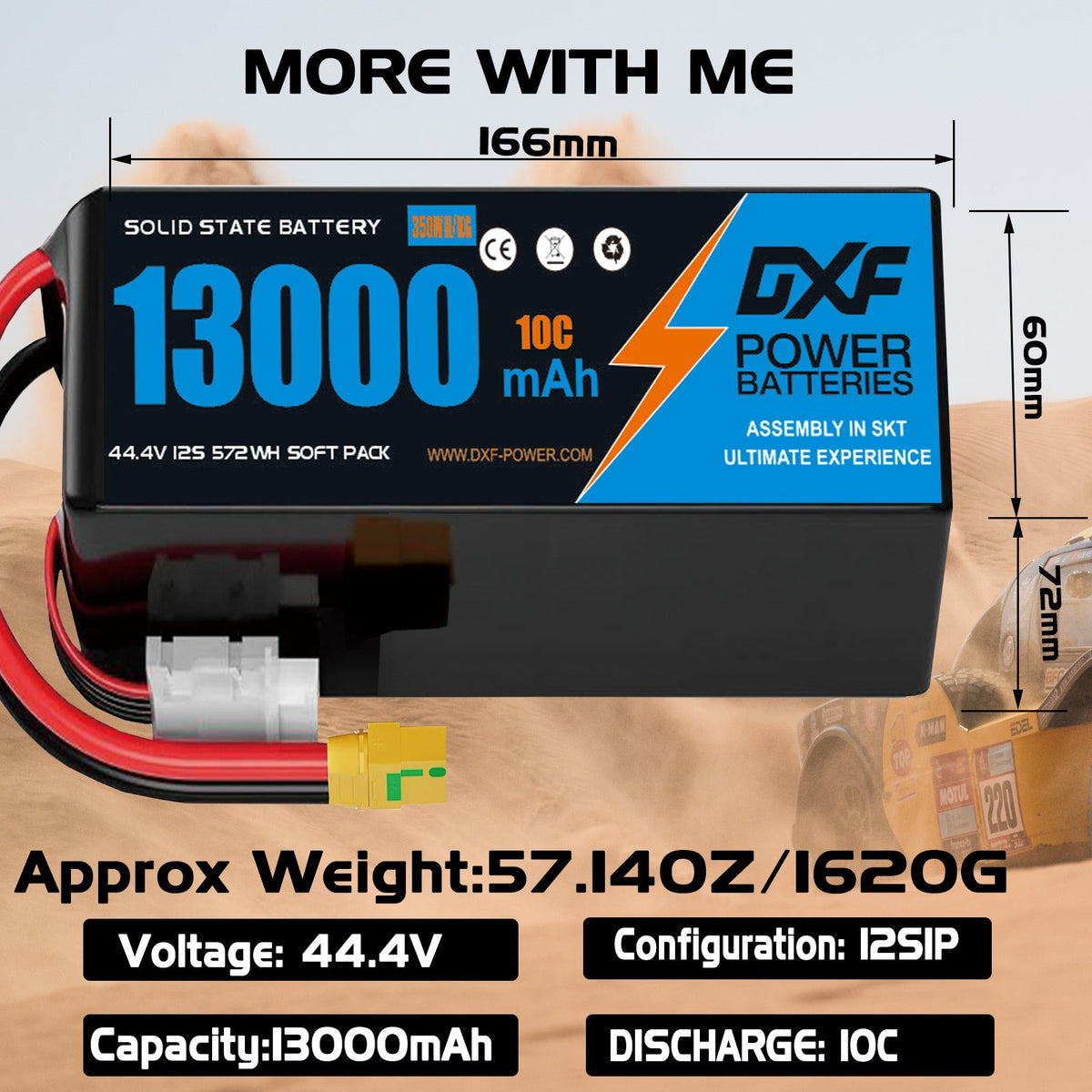 DXF SEMI-SOLID 12S 44.4V 13000mAh 10C Soft Case LiPo Battery with 8AWG Wire for UAVs & Drones (1-6 Pack)
