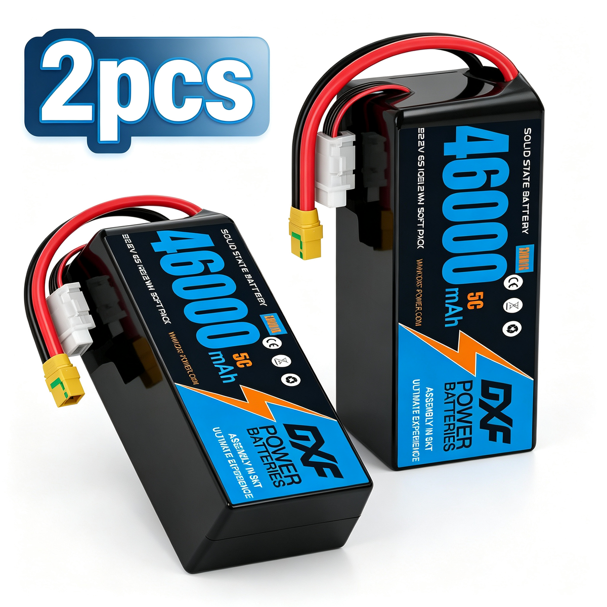 DXF 6S 22.2V 46000mAh 5C Soft Case LiPo Battery with 8AWG Wire for Toy Cars, Boats, UAVs & Drones (1-6 Pack)