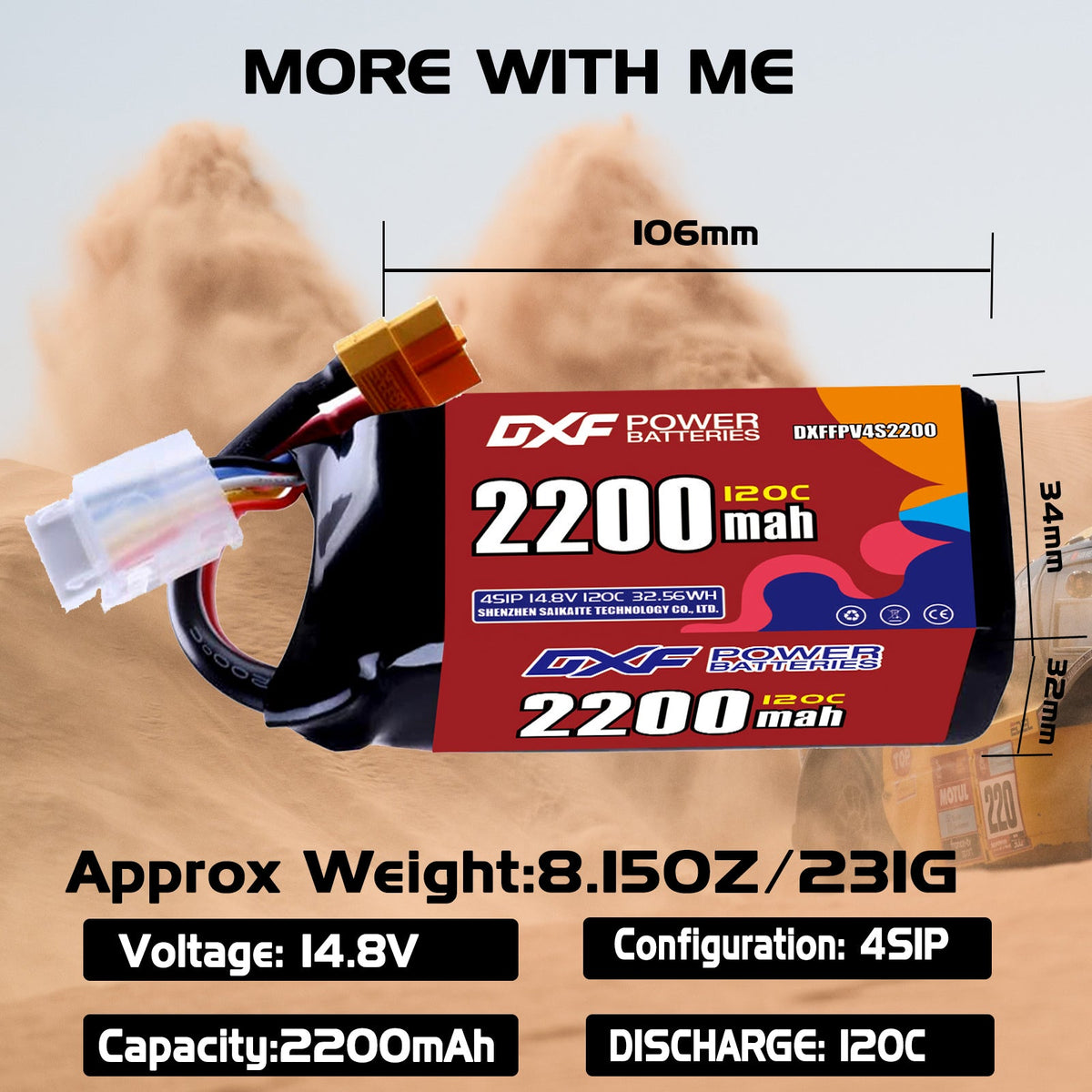 DXF 4S 14.8V 2200mAh 120C LiPo Battery for FPV Micro Drones (PH2.0 / JST / XT30 / SM / XT60 / EC5 / XT90 Options)