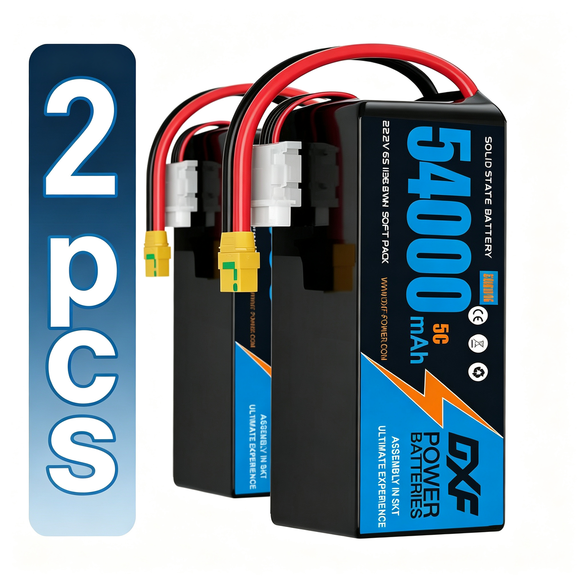 DXF 6S 22.2V 54000mAh 5C Soft Case LiPo Battery with 8AWG Wire for Toy Cars, Boats, UAVs & Drones (1-6 Pack)