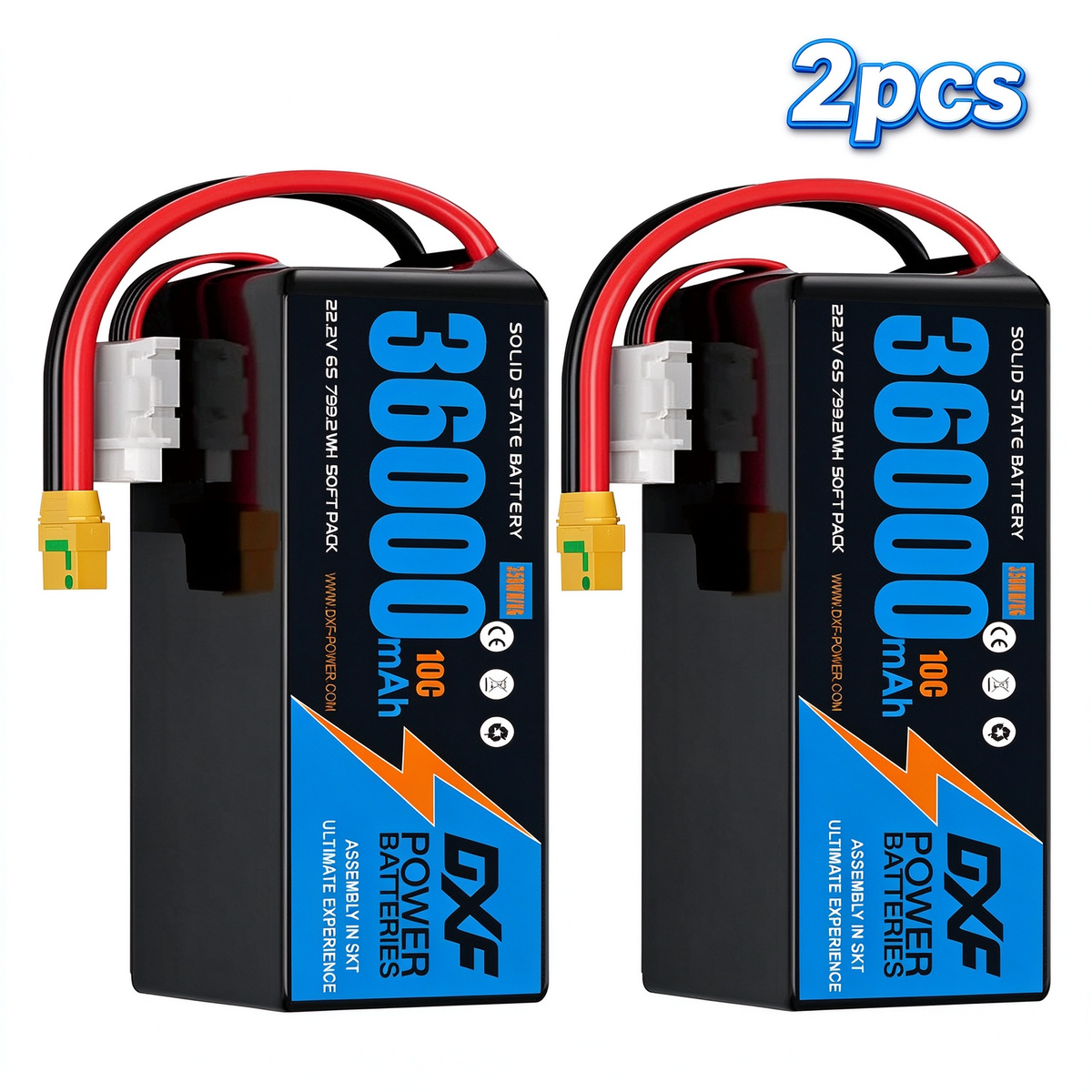 DXF SEMI-SOLID 6S 22.2V 36000mAh 10C Soft Case LiPo Battery with 8AWG Wire for Toy Cars, Boats, UAVs & Drones (1-6 Pack)