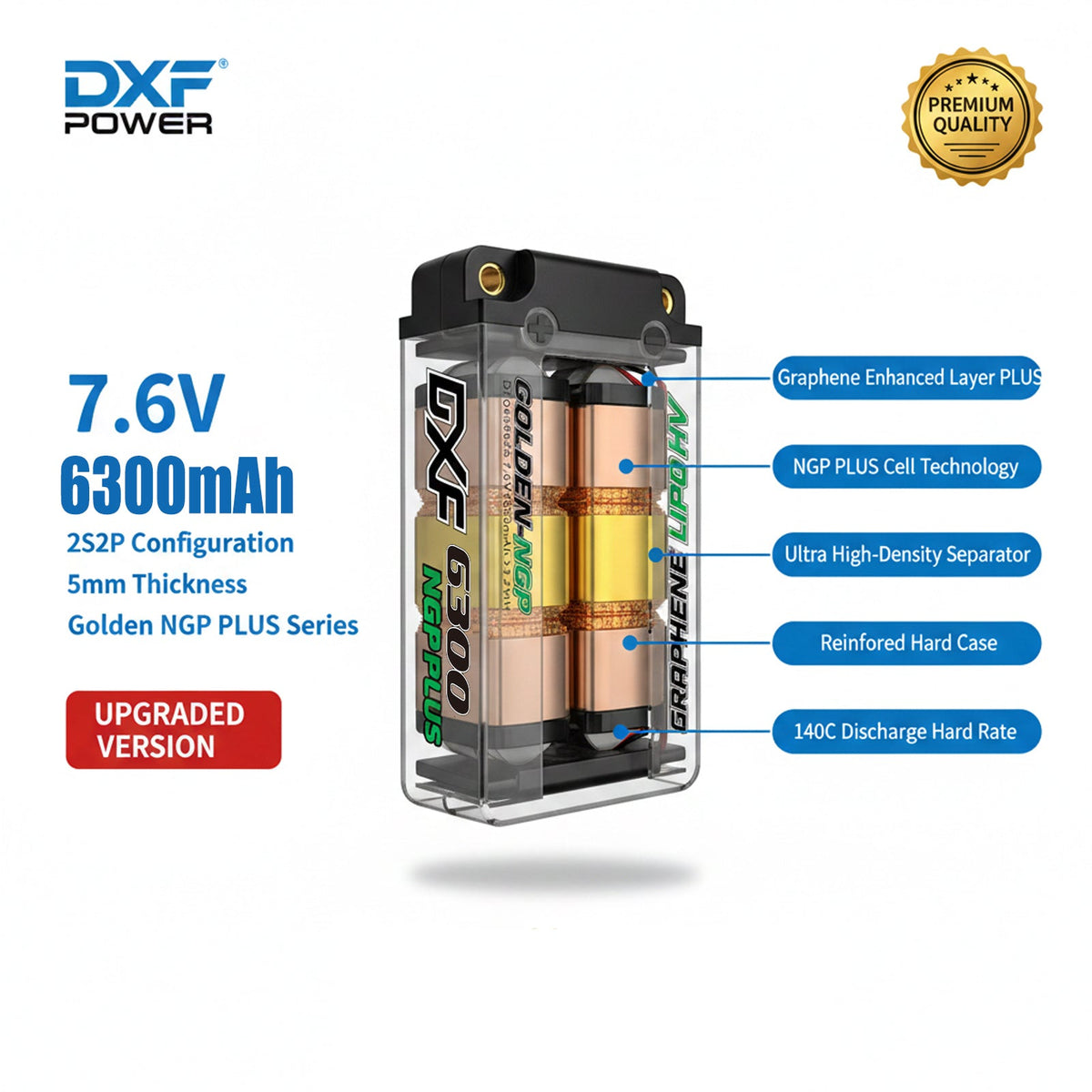 DXF 5mm 2S 6300mAh 7.6V 140C GOLDEN-NGP HardCase LiPo Battery with XT90 Plug for 1:8 Scale RC Car, Multi-Rotor RC Airplane, RC Helicopter, RC Boat