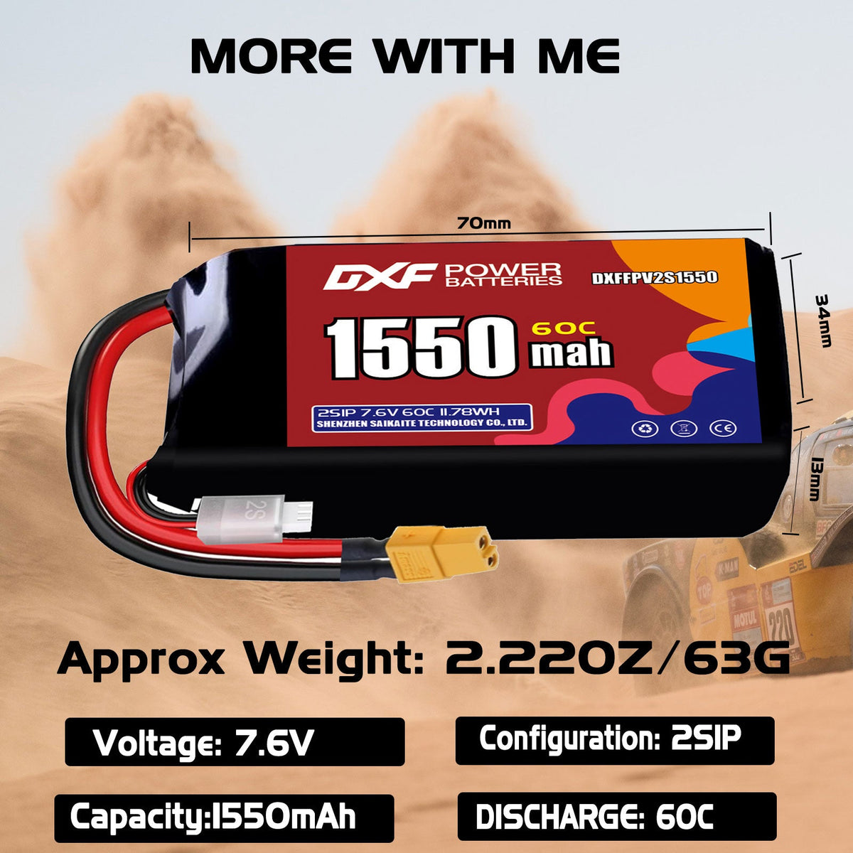 DXF LiPo Battery 2S HV 7.6V 1550mAh 60C with PH2.0 / JST / XT30 / SM / XT60 / EC5 / XT90 for FPV Drone Whoop Micro Racing