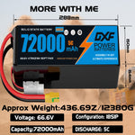 DXF SEMI-SOLID 18S 66.6V 72000mAh 5C Soft Case LiPo Battery with 8AWG Wire for Toy Cars, Boats, UAVs & Drones (1-6 Pack)
