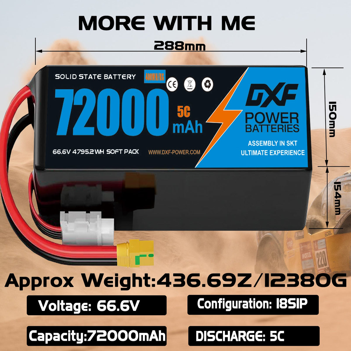 DXF SEMI-SOLID 18S 66.6V 72000mAh 5C Soft Case LiPo Battery with 8AWG Wire for Toy Cars, Boats, UAVs & Drones (1-6 Pack)