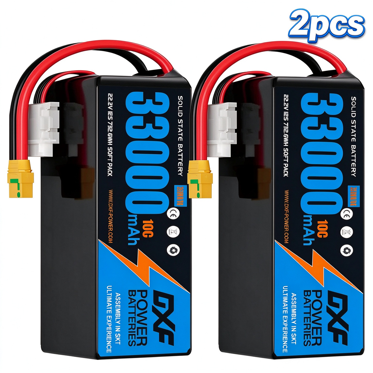 DXF 6S 22.2V 33000mAh 10C Soft Case LiPo Battery with 8AWG Wire for Toy Cars, Boats, UAVs & Drones (1-6 Pack)