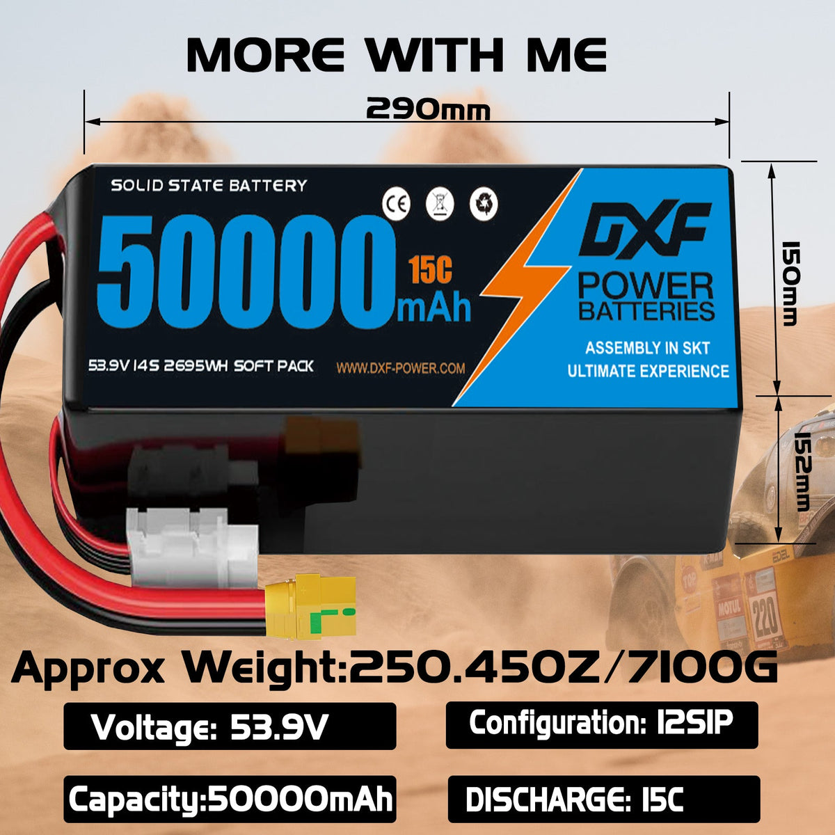 DXF SEMI-SOLID 14S 53.9V 50000mAh 15C Soft Case LiPo Battery with 8AWG Wire for Toy Cars, Boats, UAVs & Drones (1-6 Pack)