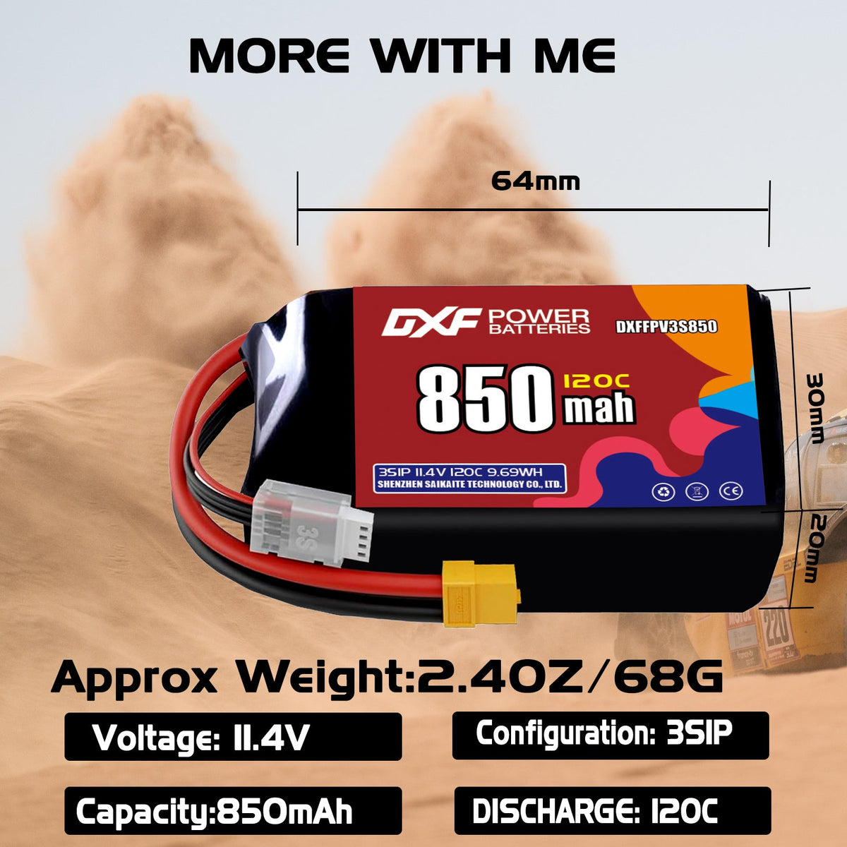 DXF 3S 11.4V 850mAh 120C LiPo Battery for FPV Micro Drones (PH2.0 / JST / XT30 / SM / XT60 / EC5 / XT90 Options)