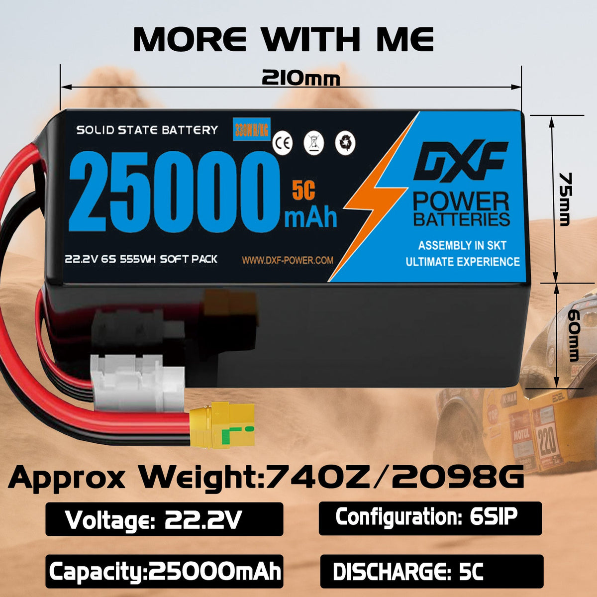 DXF 6S 22.2V 25000mAh 5C Soft Case LiPo Battery with 8AWG Wire for Toy Cars, Boats, UAVs & Drones (1-6 Pack)