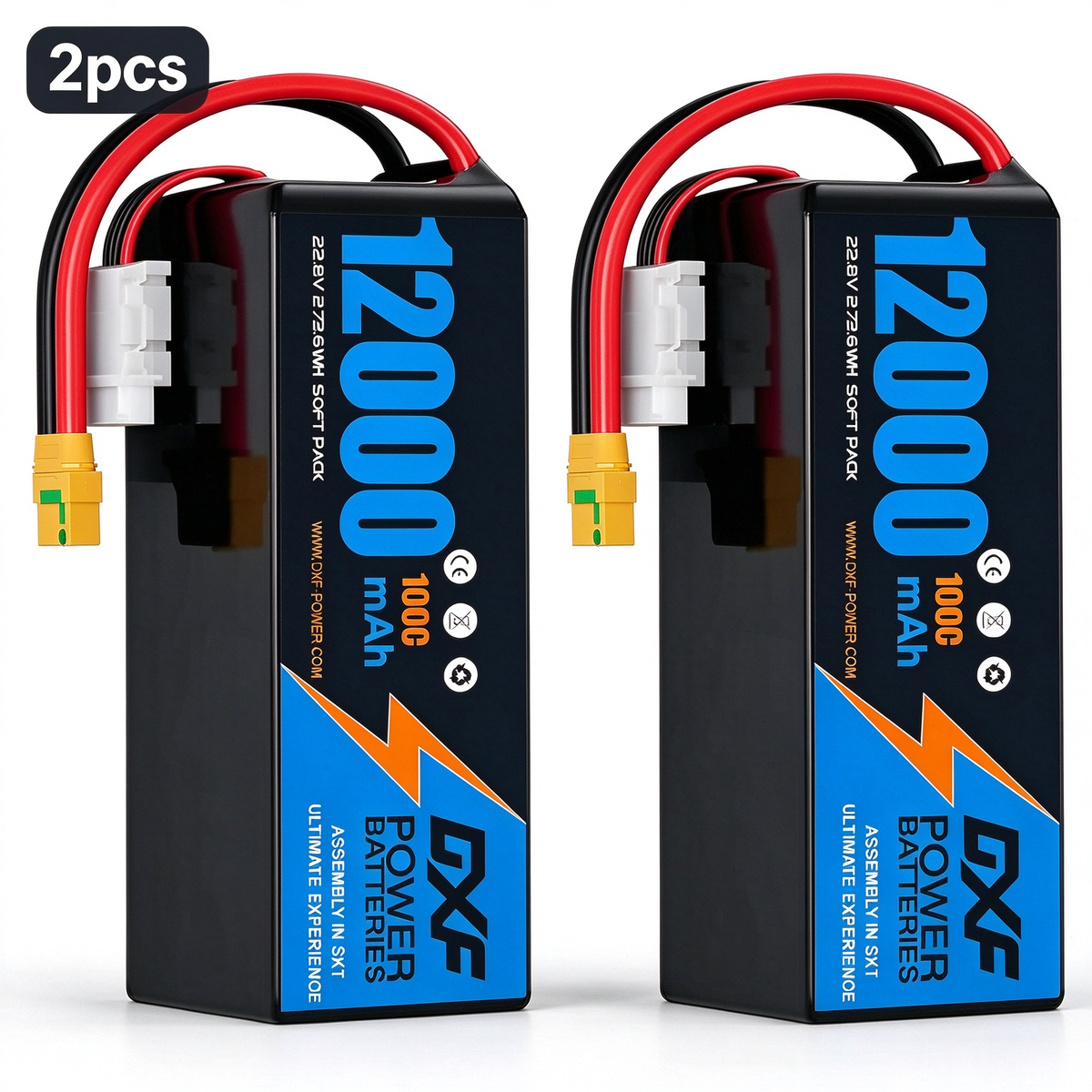 DXF 6S 22.8V 12000mAh 100C Soft Case LiPo Battery with 8AWG Wire for Toy Cars, Boats, UAVs & Drones (1-6 Pack)