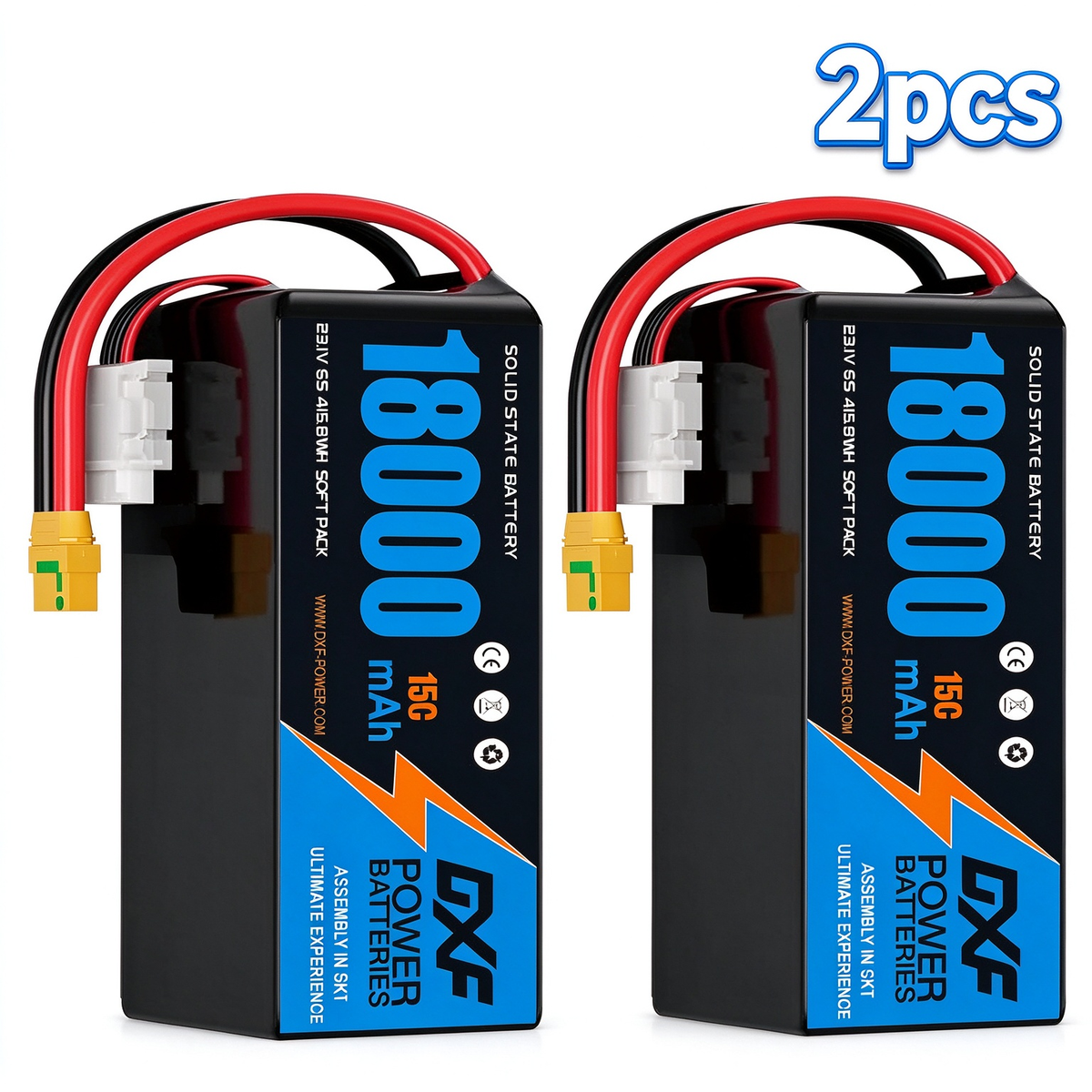 DXF 6S 23.1V 18000mAh 15C Soft Case LiPo Battery with 8AWG Wire for Toy Cars, Boats, UAVs & Drones (1-6 Pack)