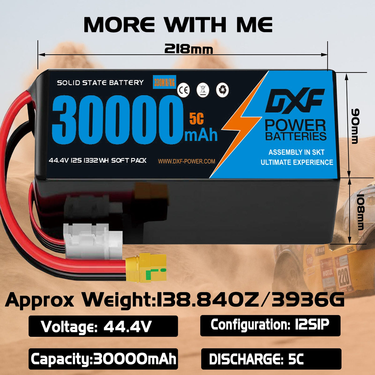 DXF SEMI-SOLID 12S 44.4V 30000mAh 5C Soft Case LiPo Battery with 8AWG Wire for Toy Cars, Boats, UAVs & Drones (1-6 Pack)