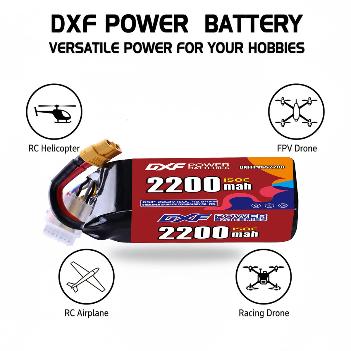 DXF 6S 22.2V 2200mAh 150C Graphene Softcase LiPo Battery with XT60 & 12AWG Wire (1-6 Pack)